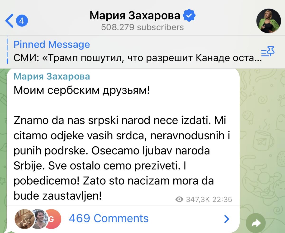 ZAHAROVA SE OBRATILA NA SRPSKOM JEZIKU I POSLALA DIRLJIVU PORUKU: Znam da nas srpski narod neće izdati, POBEDIĆEMO ZAJEDNO!