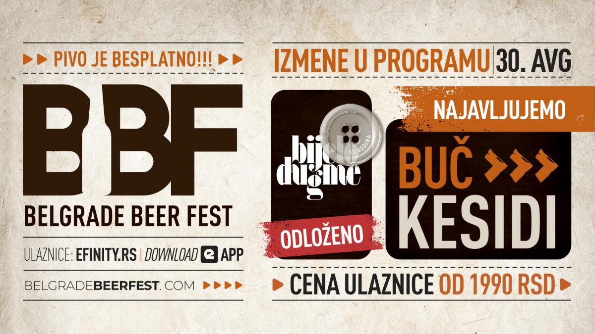 Odložen koncert Bijelog Dugmeta zakazan za 30. avgust na Belgrade Beer Festu — novi datum koncerta na jesen u Beogradskoj Areni