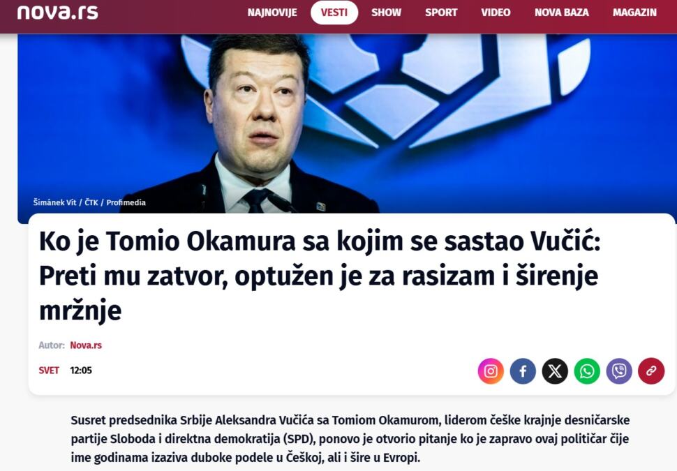 SRAMOTA BLOKADERSKIH MEDIJA! Gnusno napali visokog zvaničnika Češke koji je gost Srbije! Okamura im smeta jer se izvinio za bombardovanje SRJ i priznanje Kosova
