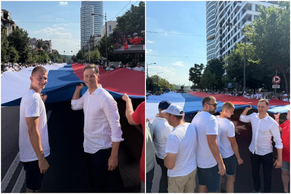 MALI NA ČELU KOLONE, A RUKAMA ISTORIJSKA SRPSKA TROBOJKA! Vijori se najveća zastava - VIŠA OD KULE BEOGRAD! Ministar na skup stigao sa bajkerima! (FOTO, VIDEO)