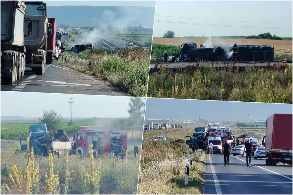 TEŠKA NESREĆA NA PUTU IRIG-RUMA, SVE STOJI! Sudarila se dva kamiona, pa se jedan pretvorio u buktinju! SUMNJA SE DA IMA MRTVIH (FOTO)