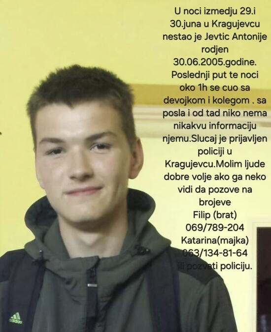 NESTAO MLADIĆ U KRAGUJEVCU: Antoniju Jevtiću se izgubio svaki trag pre 4 dana, porodica moli za pomoć (foto)