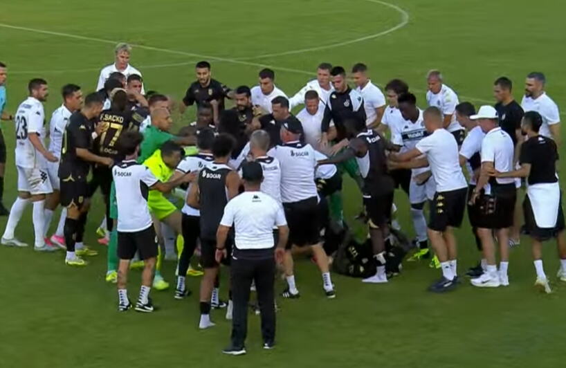 OPŠTA TUČA NA UTAKMICI PARTIZANA I NEFČIJA! Pogledajte haos i sukob igrača oba tima u Sloveniji! (VIDEO)