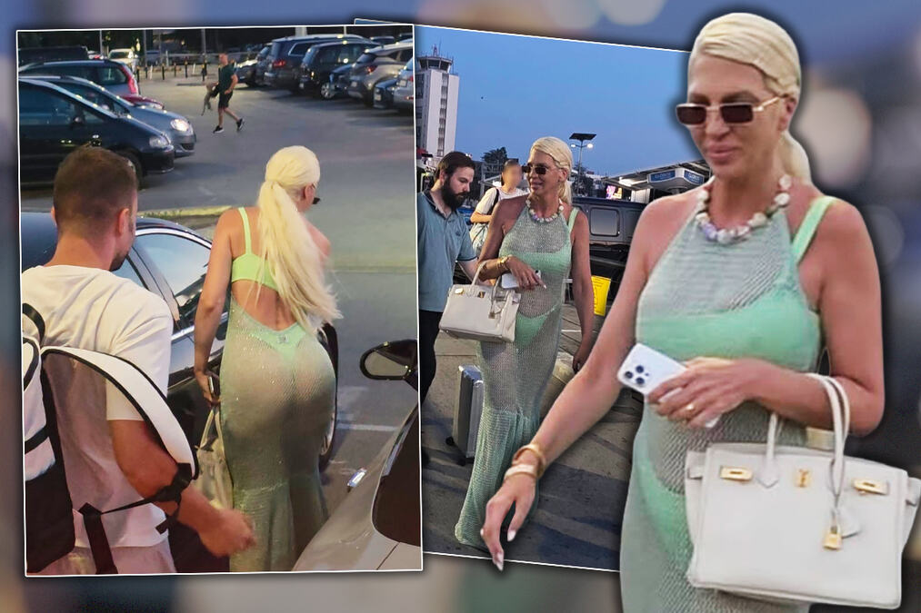 KARLEUŠA NA AERODROMU U TANGA KUPAĆEM KOSTIMU I STAJLINGU OD 100.000 €! Prisutnima popadale vilice zbog providne mrežice, ovo još niste videli (KURIR PAPARACO)