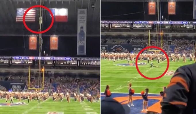 UZNEMIRUJUĆI SNIMAK PADA AMERIČKOG VOJNIKA! Spuštao se užetom sa krova stadiona, pa se SURVAO NA ZEMLJU: Nepomično ležao pred publikom (VIDEO)
