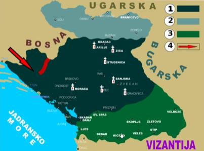 Srbija kralja Milutina (1), Srbija kralja Dragutina (2), teritorija koju je Milutin osvojio od Vizantije (3),