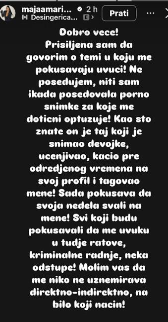 "JA NEMAM NJEN EKSPLICITNI VIDEO, CAR SNIMA I UCENJUJE DEVOJKE" Hitno se oglasila i Maja Marinković: Uvlače me u kriminalne radnje, svaljuju nedela na mene...