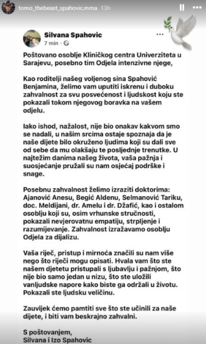 Potresno pismo majike Benjamina Spahovića