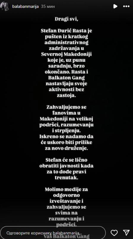 Marija Balaban se oglasila posle Rastinog hapšenja