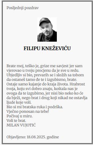 Milan Vujotić umrlica za Filipa Kneževića