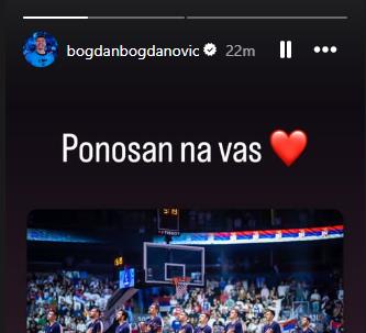 Poruka Bogdana BogdanovićaPosle meča oglasio se Bogdan Bogdanović koji je imao poruku za saigrače."Ponosan sam na vas", napisao je Bogi.DescriptionPoruka Bogdana BogdanovićaDocument specific alt textHref Za prolazak u četvrtfinale Srbija će se biriti protiv Finske, koja je zauzela treće mesto u B grupi.NE PROPUSTITEREČ KAPITENA POSLE PORAZA OD TURSKE: Mislim da su presudili ofanzivni skokovi...MORAMO TEŽIM PUTEM! Ovako Srbija može do finala EurobasketaPEŠIĆ I MICIĆ NA UDARU NAVIJAČA: Srbija izgubila od Turske, a na društvenim mrežama znaju u čemu je problemSAZNAJEMO: Ovo je stanje povrede Tristana Vukčevića External video from AdriaMediaTV NameNikola Jokić zakucava na Srbija - TurskaVideo urlhttps://static.am.mediaoutcast.com/storage/nQJnjJkO/nQJnjJkO/2025/9/3/ge3A9PDl/index.mp4