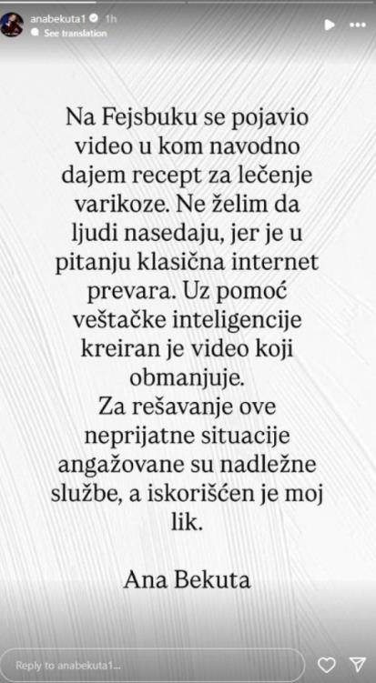 Ana Bekuta izdala hitno saopštenje