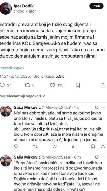 Saša Mirković odgovorio Igoru Dodiku