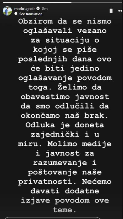 Marko Gačić se oglasio povodom razvoda