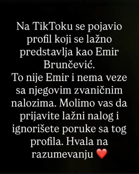 Emir Brunčević objavio je upozorenje na Instagramu o lažnom profilu na TikToku koji koristi njegovo ime