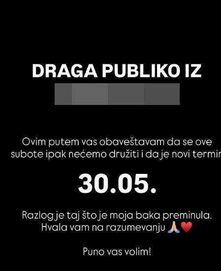 Andreana Čekić otkazala nastup zbog smrti bake