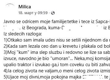Milica se javno odrekla familije