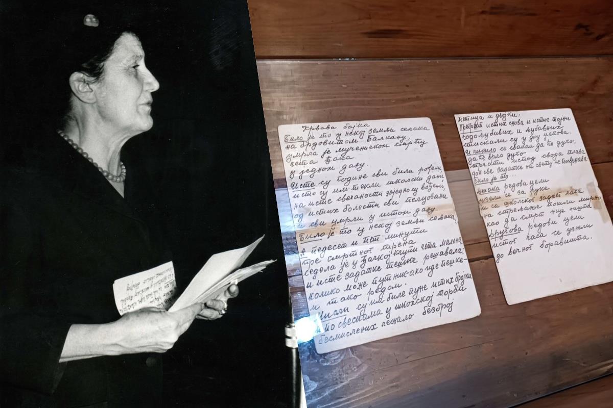 Desanka Maksimović i originalni rukopis pesme Krvava bajka