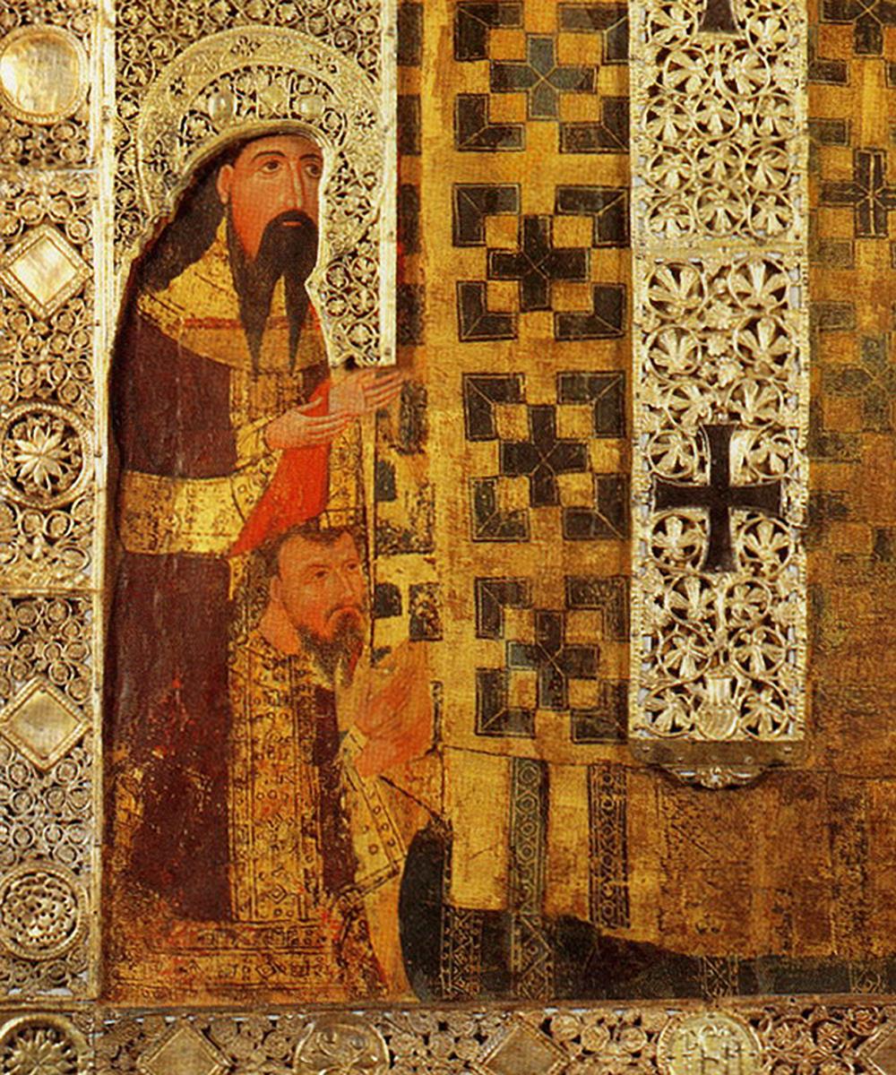 Kralj Stefan Dečanski i mladi kralj Dušan u uglu ikone Svetog Nikole koju je Stefan poklonio crkvi u Bariju