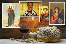 Slavski kolač, sveća, vino i ikone Svetog Jovana, Svetog Nikole, Svetog Aranđela i Đurđica