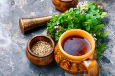 šolja čaj od majorana pored svežeg i suvog majorana