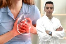 dr Aleksandar Cicović/žena koja se drži za grudi u predelu srca, koncept srčani udar