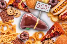 trans masti, masti, nezdrava ishrana/maketa jetre sa oznakom SOS