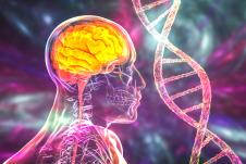 crtež mozga u glavi sa lancem DNK pored