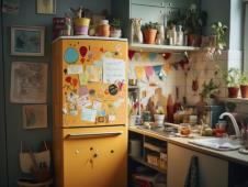 Fotografija kuhinje, u fokusu žuti frižider sa stikerima i magnetima