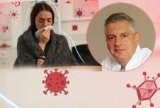 dr Dušan Vešović/žena sa maramicom preko usana ogrnuta ćebetom, virusi i bakterije okolo