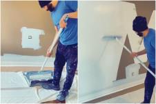 Muškarac kreči zid senf nijanse valjkom u TikTok viralnom videu