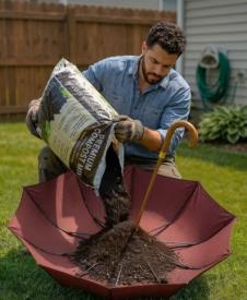 Muškarac od starog kišobrana pravi saksiju za cveće