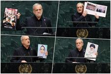 Iranski predsednik Masud Pezeškijan pokazuje fotografije dece stradale u bombardovanju škole u Iranu u februaru 2026. na Generalnoj skupštini Ujedinjenih nacija (UN)
