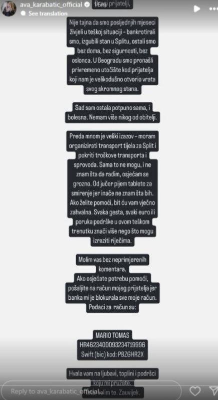 Ava Karabatić očajna i tužna, uputila javni apel za pomoć