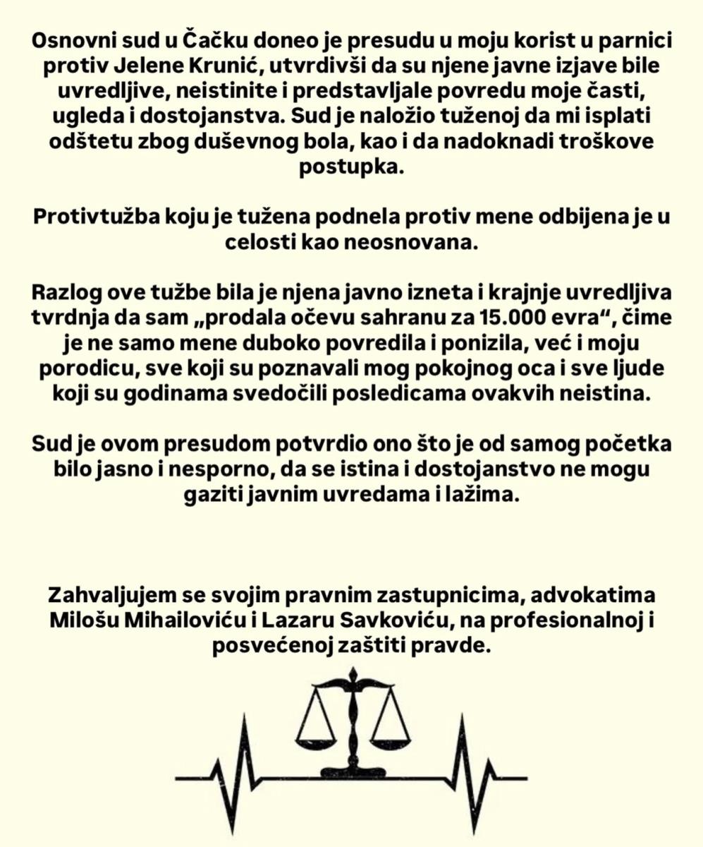 KIJA DOBILA STARLETU NA SUDU! Jelena Krunić tvrdila da je Slobina bivša žena prodala očevu sahranu za 15.000 €, ona podnela tužbu: Ime mog tate ću uvek štititi!