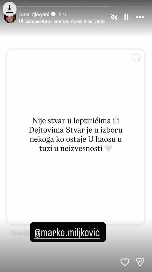 LJUBAV NIJE DOVOLJNA! KO OSTAJE U HAOSU, U TUZI..." Luna Đogani šokirala objavom o braku - Marko Miljković označen u svakoj reči