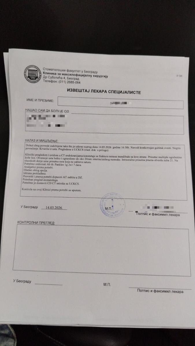 Izveštaj lekara D. S. nakon što ju je muž zverski pretukao