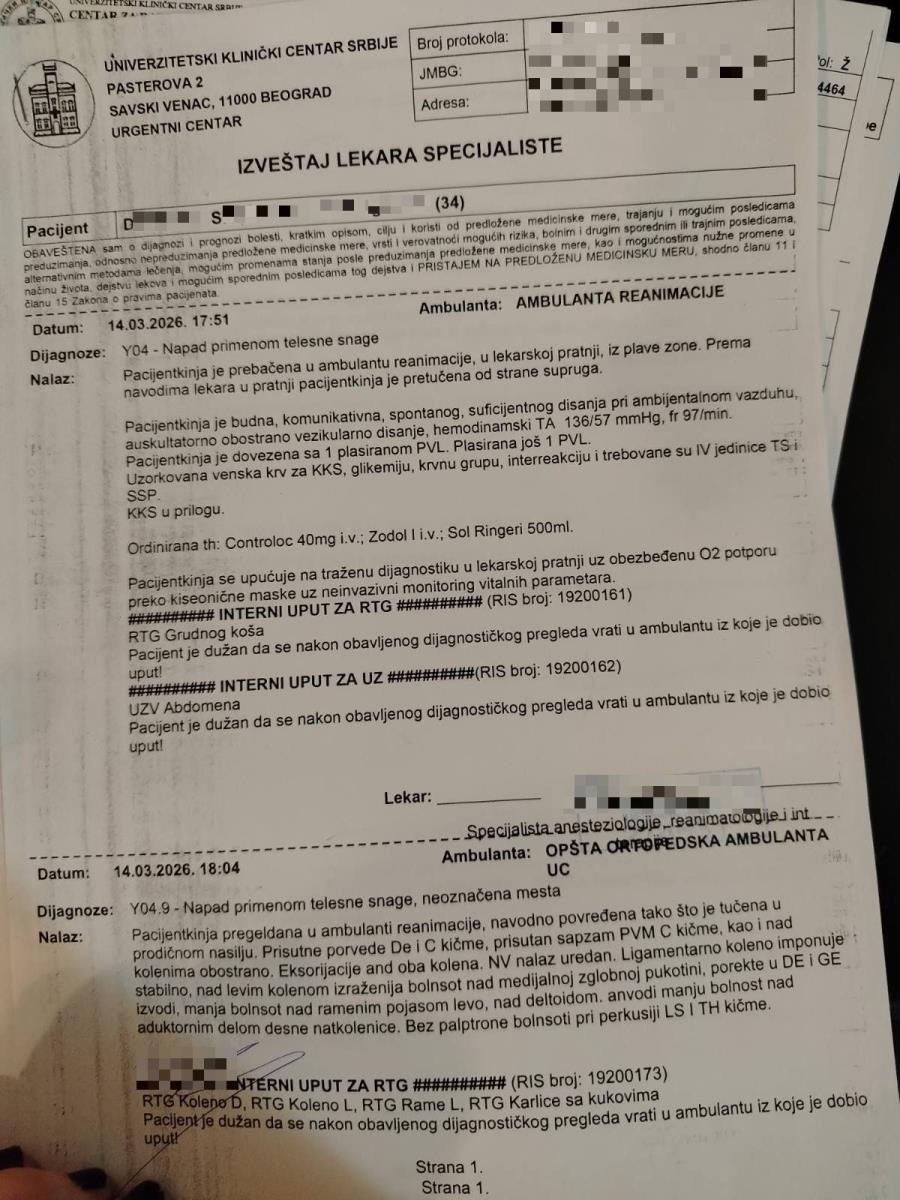 Izveštaj lekara D. S. nakon što ju je muž zverski pretukao