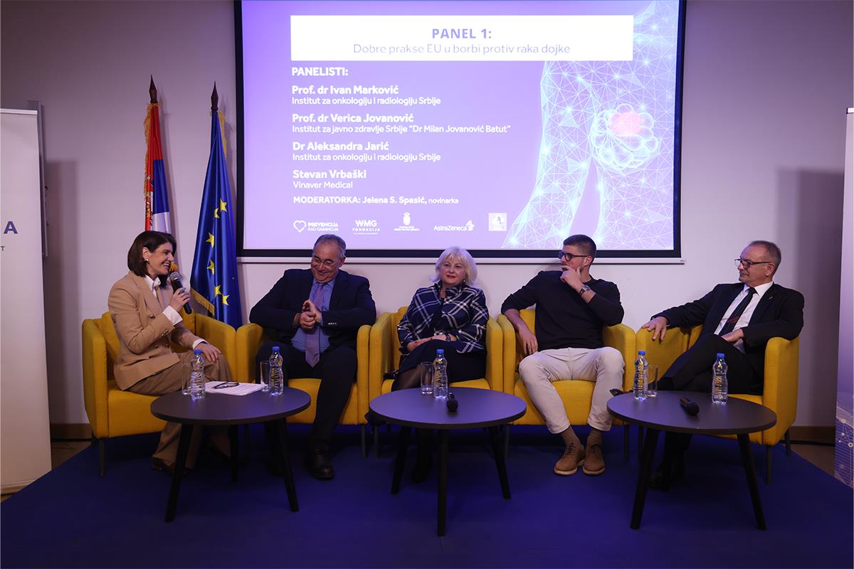 Jelena S. Spasić, moderator i novinar Kurira, prof. dr. Ivan Marković, Institut za onkologiju i radiologiju Srbije; dr Aleksandra Jarić, Institut za onkologiju i radiologiju Srbije; Stevan Vrbaški, Vinaver Medical; prof. dr Ferenc Vicko, državni sekretar