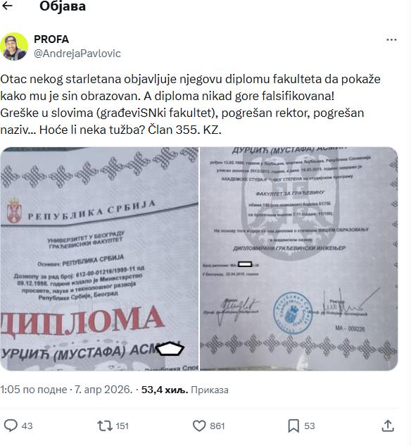 HAOS OKO LAŽNE DIPLOME ASMINA DURDŽIĆA: Profesor tvrdi da je falsifikat, a sada se oglasio Mustafa i evo šta kaže (FOTO)