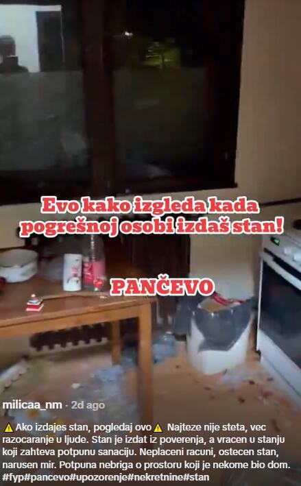 Stanari uništili stan u Pančevu koji su iznajmljivali.