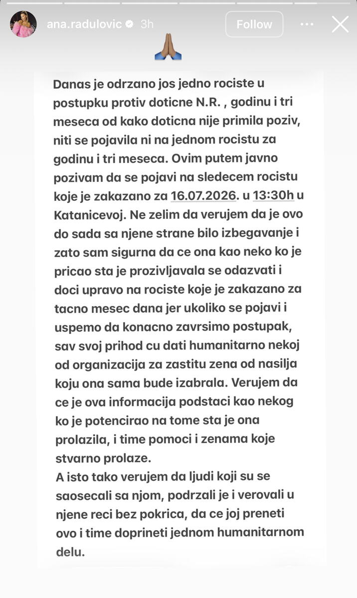 ANA RADULOVIĆ SE OGLASILA NAKON JOŠ JEDNOG ROČIŠTA SA GASTOZOVOM BIVŠOM: Nađaopet izbegla ročište, voditeljka joj se javno obratila