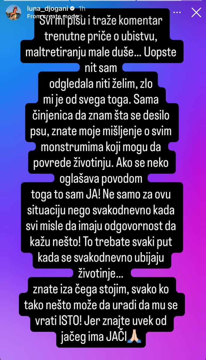 "SVAKO KO MOŽE DA URADI, DA MU SE VRATI ISTO" Luna Đogani van sebe nakon saznanja da je Kristijan ubio psa:  Oštro osudila nasilje
