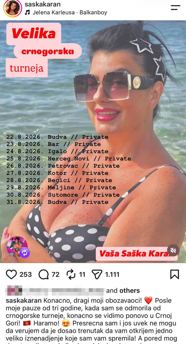 TOTALNI HAOS NA MREŽAMA ZBOG SAŠKE KARAN! Najavila turneju, pratioci je urnisali: Umešala se i Zorica Marković (FOTO)