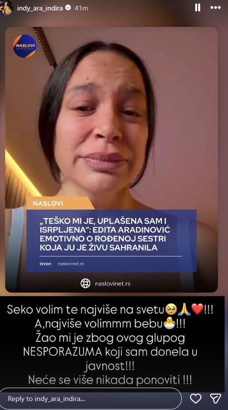PRVO JE REKLA DA JU JE "SAHRANILA", A SADA SE POKAJALA! Indi objavila Editinu uplakanu sliku i poručila: "Seko, volim te najviše na svetu"