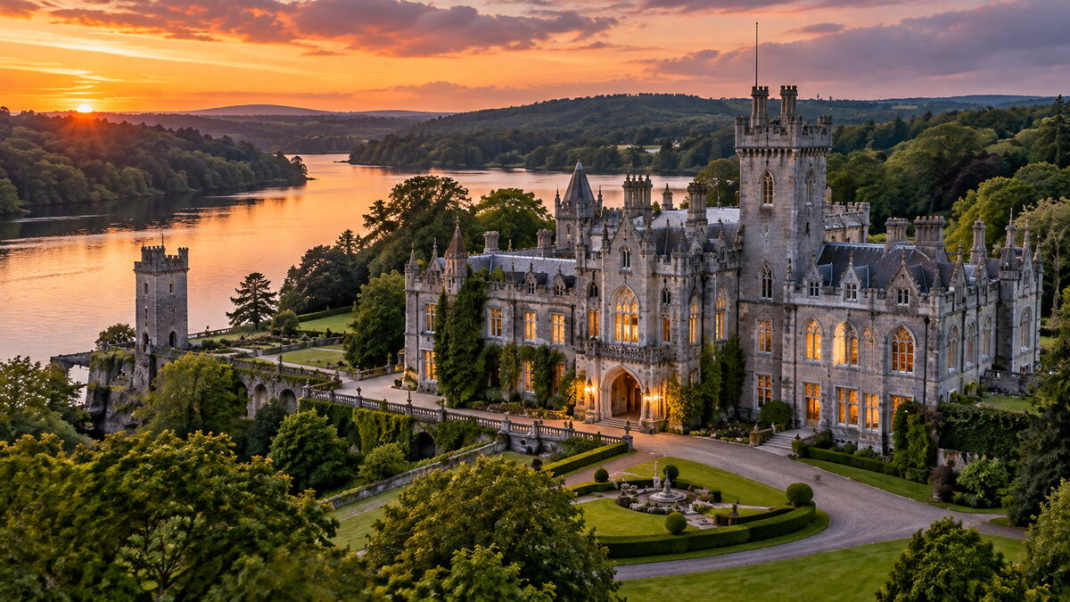 Golden Sunset Castle by the River.png