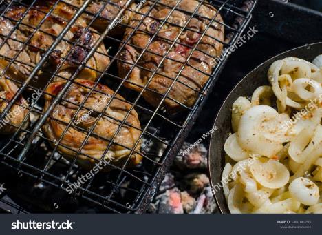 stockphotobarbecuepiecesofchickenmeatonthegrilloverthecoalswithfriedonions1460141285.jpg