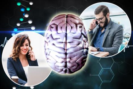 Mozak, žena i muškarac na poslu sa mobilnim telefonima