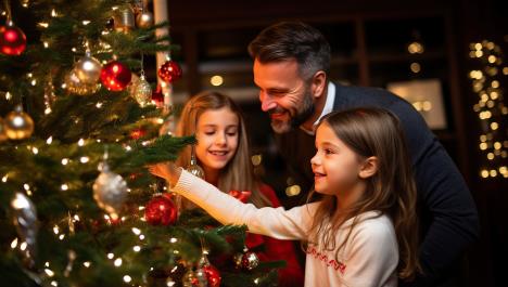 Tata sa ćerkama kiti božićnu jelku