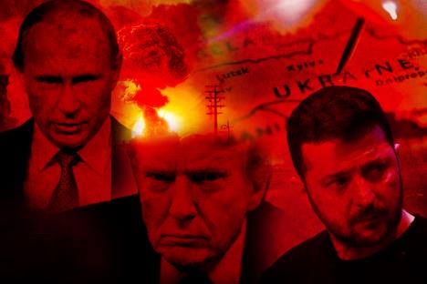 Rat u Ukrajini u crvenim nijansama i sa slikama Vladimira Putina, Volodimira Zelenskog i Donalda Trampa